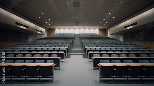 Illustration of spacious hall for lectures and presentations. Big conference room indoor background. AI generative image.
