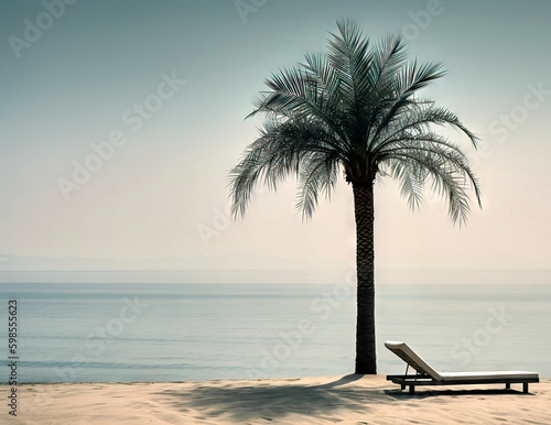 Minimalist surreal image of a palm tree and a white lounger against a calm misty sea and a cloudy light gray sky, made with generative ai