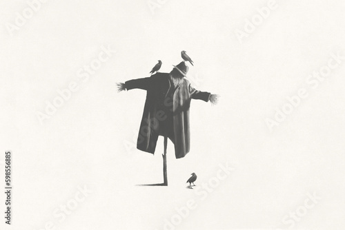 Illustration of scary scarecrow, minimal surreal black and white concept