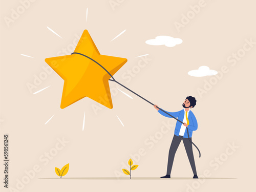 Concept business vector. Businessman pulling the star. Lassoing, Working, Achievement. Flat vector illustration. Generative AI