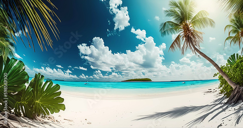 White sand and palm trees by the ocean. Holidays with family and friends. Generative AI