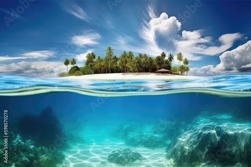 tropical island surrounded by crystal clear waters and lush greenery. Generative AI Generative AI