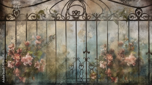 Grungy shabby chic iron gate with flowers. Generative ai composite.