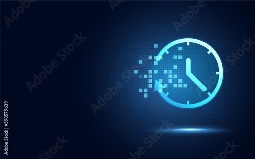 Futuristic time clock hand and clock face digital transformation abstract technology background. Business growth currency stock timer and investment economy. Vector illustration