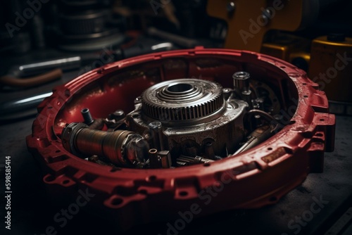 Disassembled car torque converter with red transmission oil. Generative AI