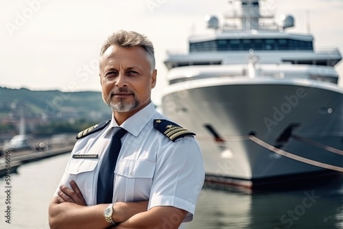 confident captain standing in front of a luxury yacht. The captain exudes a sense of professionalism and expertise, with the impressive yacht in the background. Generative AI
