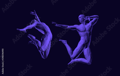 Man is dancing. Jumping men. Leadership or freedom concept.Gymnastics activities for icon health and fitness community. Sport symbol. Design element. 3d vector for brochure, presentation or banner.