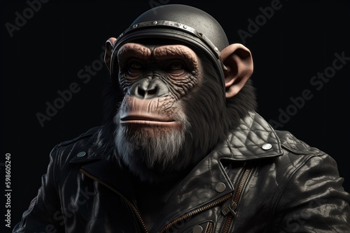 Monkey with leather jacket and sunglasses, digital illustration. Generative AI