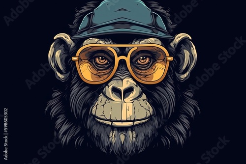 Chimpanzee with sunglasses, background, cartoon style, digital illustration. Generative AI