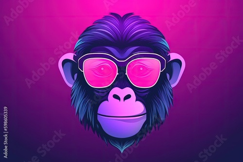 Chimpanzee with sunglasses on colorful gradient background, cartoon style, digital illustration. Generative AI