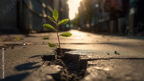 A Small Sapling Emerges Through Asphalt. Generative AI