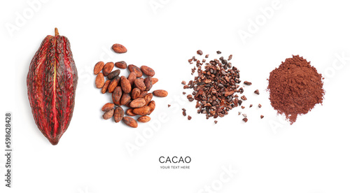 Creative layout made of cacao fruit, cacao beans, cacao nibs and powder on white background. Flat lay. Food concept. Macro concept.