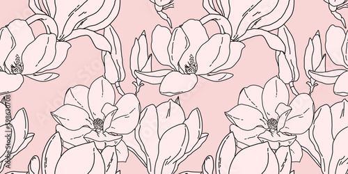 Magnolia flowers in bloom seamless pattern. Hand drawn realistic detailed vector illustration. Pink horizontal background.