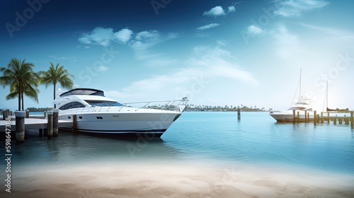 Luxury private motor yacht on tropical island on background.