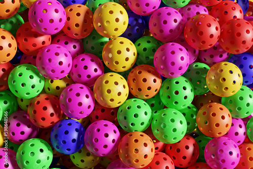 Lots of Pickleball multicolored sports balls. 3D rendering close up