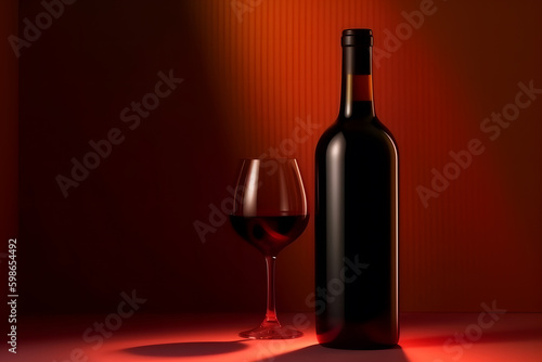Bottle of wine on a dark background. Beaujolais Nouveau. Neural network AI generated art
