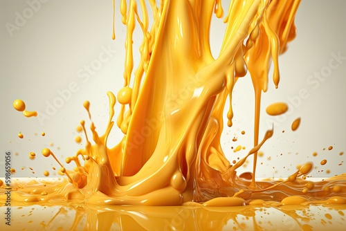 3D Liquid Cheddar Cheese Sauce Melting and Splashing Into The Air, Generative AI