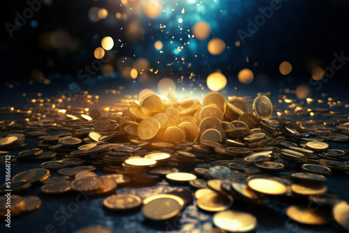 gold coins on a black background with copy space, glare and bokeh. Generative AI Generative AI