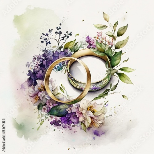 Dekorativer Aquarell Blumen mit Hochzeit Ringe Eheringe violett lila Blumen Kranz Verlobung