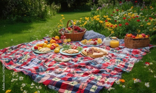  a picnic blanket with food on it in a field of flowers. generative ai