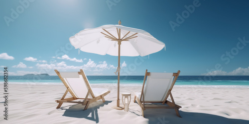 plage déserte avec transat et parasol, sable blanc, ciel bleu, mer calme