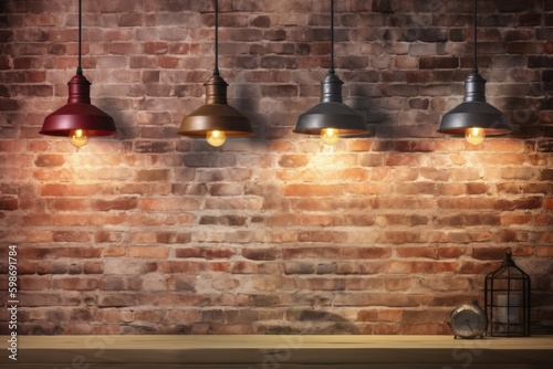 beautiful background of loft style interior with brick wall,wooden ceiling and black ceiling lamp, spot light for placing product or highlight item with brick wall background, shop decor loft style