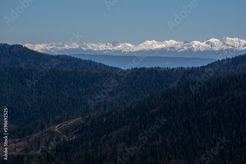 view of the Tatra Mountains from the Żywiec Beskids