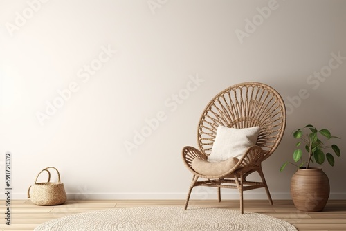 Empty wall mockup in warm neutral beige room interior with wicker armchair, palm plant in woven basket, boho style decoration and free space, 3d rendering