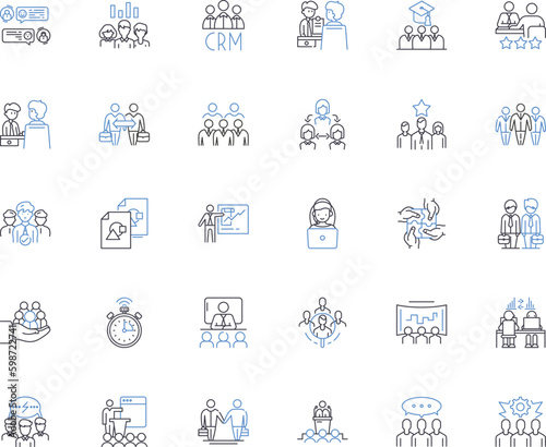 Administrative assembly line icons collection. Governance, Leadership, Decision-making, Organization, Communication, Coordination, Efficiency vector and linear illustration. Generative AI