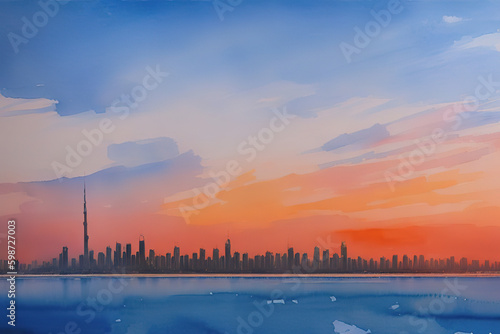 Panorama of dubai at sunset in the evening, Generative AI.