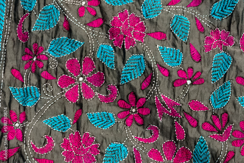 A piece of embroidered cloth. Nakshi kantha stitch. Handicraft of West Bengal, India