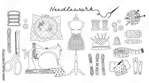 Needlework black and white set. Collection of minimalistic elements for site. Needles, mannequin and sewing machine. Atelier and tailor. Cartoon flat vector illustrations isolated on white background