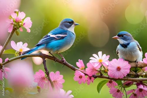 two lover birds sitting on the flowers 