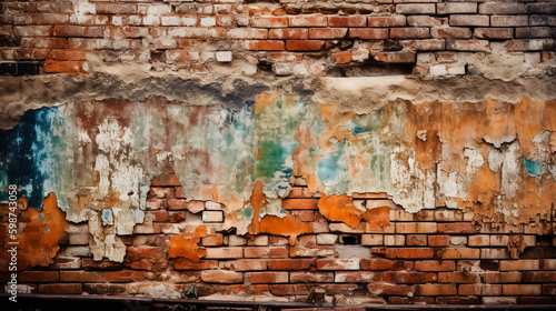 Weathered brick wall with peeling paint. Generative AI
