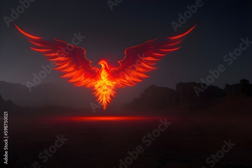 Illustration of a phoenix with outstretched wings. Symbol of rebirth and renewal. Fenix with burning wings and feathers. Firebird on dark background. Generative AI