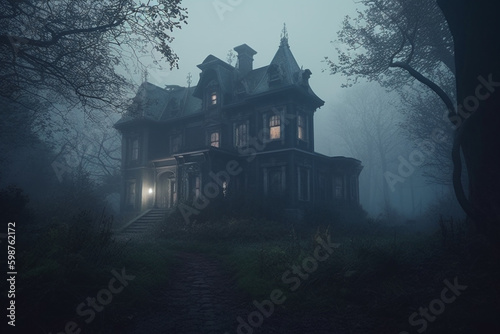 Old haunted abandoned mansion in creepy night forest with cold fog atmosphere, 3d rendering Generative AI