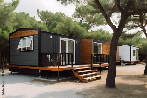 Vacation mobile houses on a campsite with trees around. High quality photo 