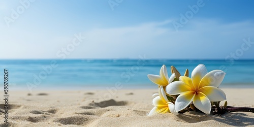 Plumeria (Frangipani) on tropical sea and beach blue sky background, Summer festive time. Generative AI