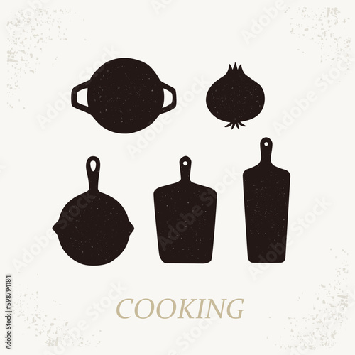 Black textured skillet and cutting board set, Modern vintage style kitchenware illustration.