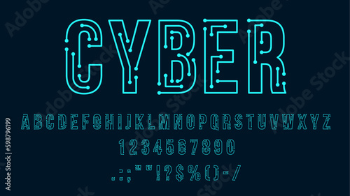 Futuristic cyber tech font, modern type, neon typeface and alphabet. Digital latin alphabet numeral and special symbols, ABC vector letters and digits or computer motherboard traces font typeset