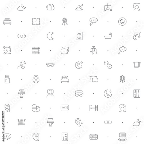 Seamless pattern with sleep icon on white background. Included the icons as insomnia, bed, time, zzz, moon, cloud, alarm, clock, pillows and design elements And Other Elements.
