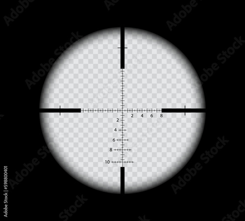 Military sniper scope with crosshair sight view of gun target, vector aim reticle. Sniper scope viewfinder or rifle crosshair target with optical telescope aim finder and distance measure marks