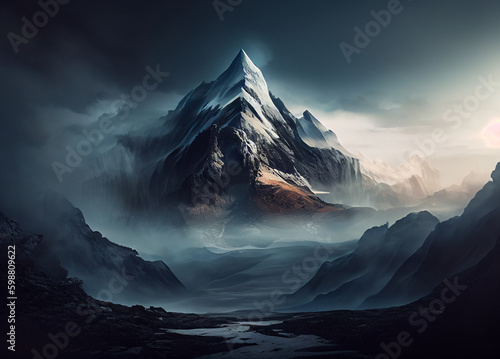 Nature's Mountain Peaks: A Mesmerizing Mountain Landscape Featuring a Snowy White Peak Veiled in a Ballet of Clouds