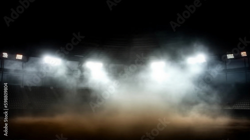 Bright stadium arena lights and smoke in dark