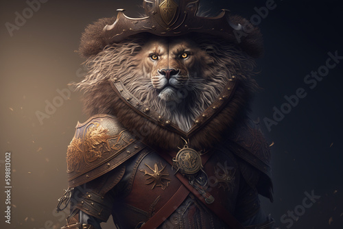 Lion in a musketeer costume on a dark background. Generative AI