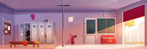 Cartoon fire station interior design. Vector illustration of empty garage and locker room with pole for firefighters. Fireman helmet and uniform on shelf, sand box and extinguisher, city street view