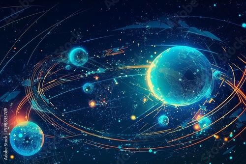 Blue abstract futuristic background. Vector. Satellites and rockets in orbit of planet Earth. Plasma clot of energy. Glowing rays with flickering particles. Wave effect. Science and technology.