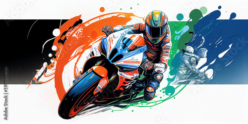 illustration of riding and race of a big bike in the circuit, the rider riding motorsport in the circuit. Ai generated