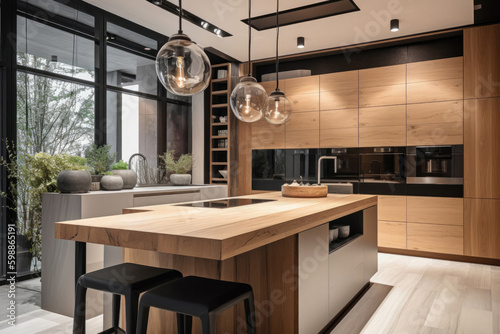 Kitchen island in modern luxurious kitchen interior. Created with Generative AI technology.