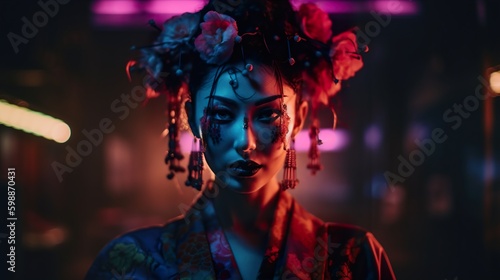 Generative Ai, woman dressed as a geisha in a cyberpunk-style Japanese street